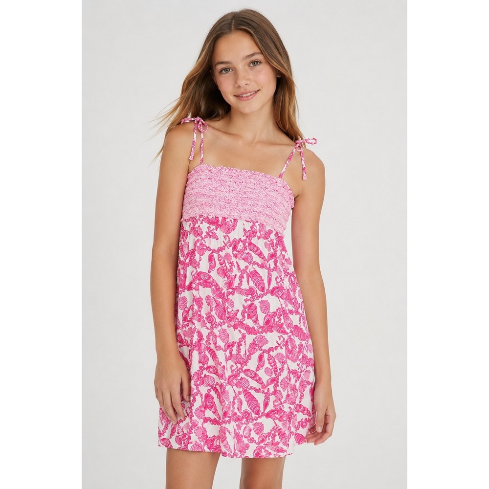 Lilly Pulitzer Girls Pink White Shell Anchor Smocked Tie Strap Dress Size 12 NWT